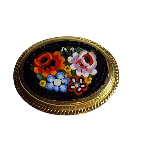 Vintage Italy Micro Mosaic Millefiori 4 Flowers Red Pietra Dura Brooch Pin Oval - Picture 2 of 11